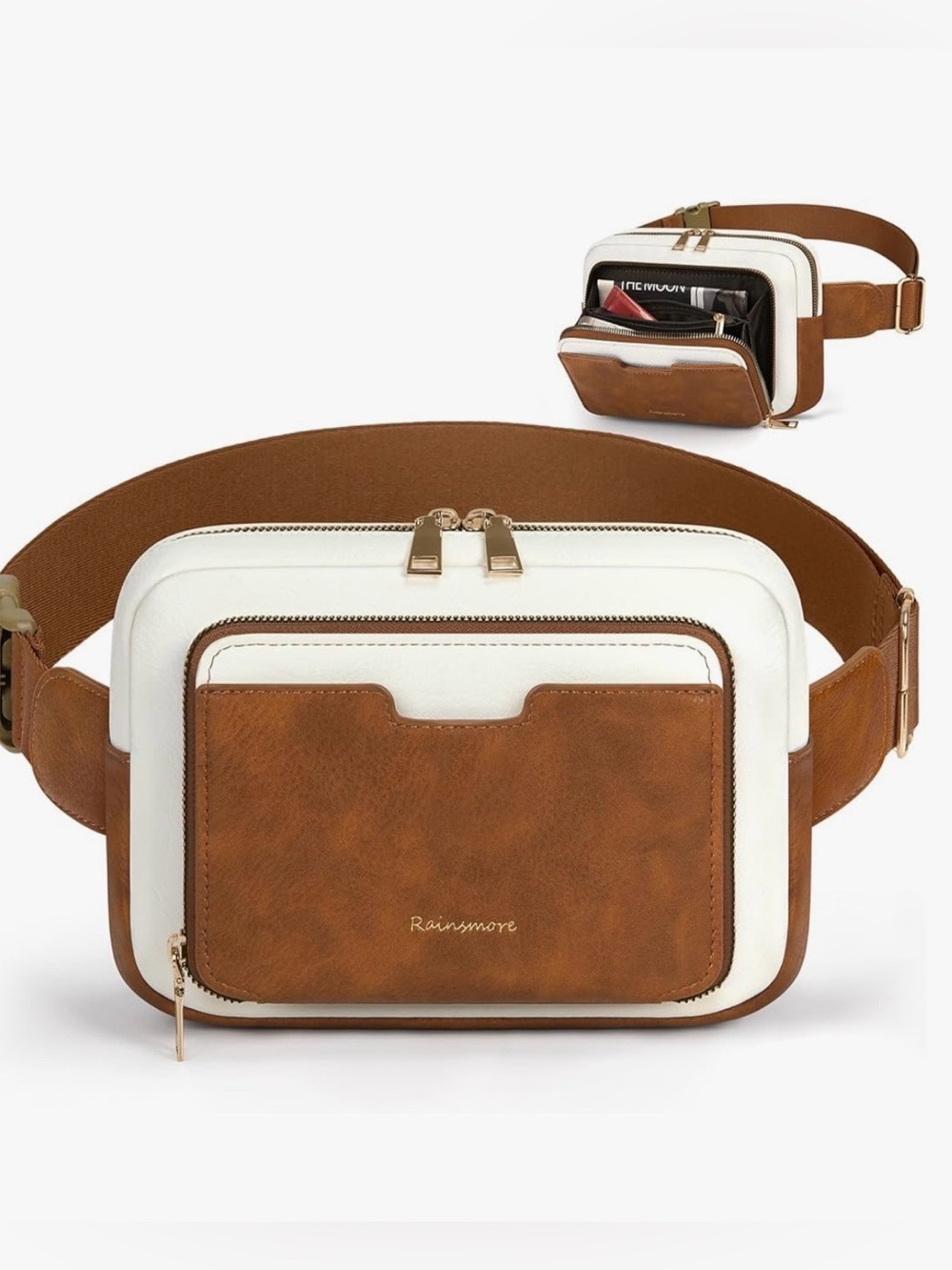 Leather Belt Bag Fanny pack Brown White Adjustable Strap NEW